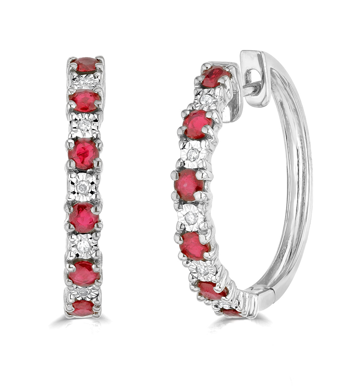 Ruby and Lab Diamond Hoop Earrings Stellato Collection in 925 Silver